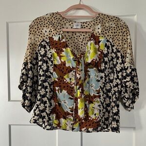 CAbi Cali Mixed-Print Tie-Front Blouse in Brown, Cream, Blue and Lime
